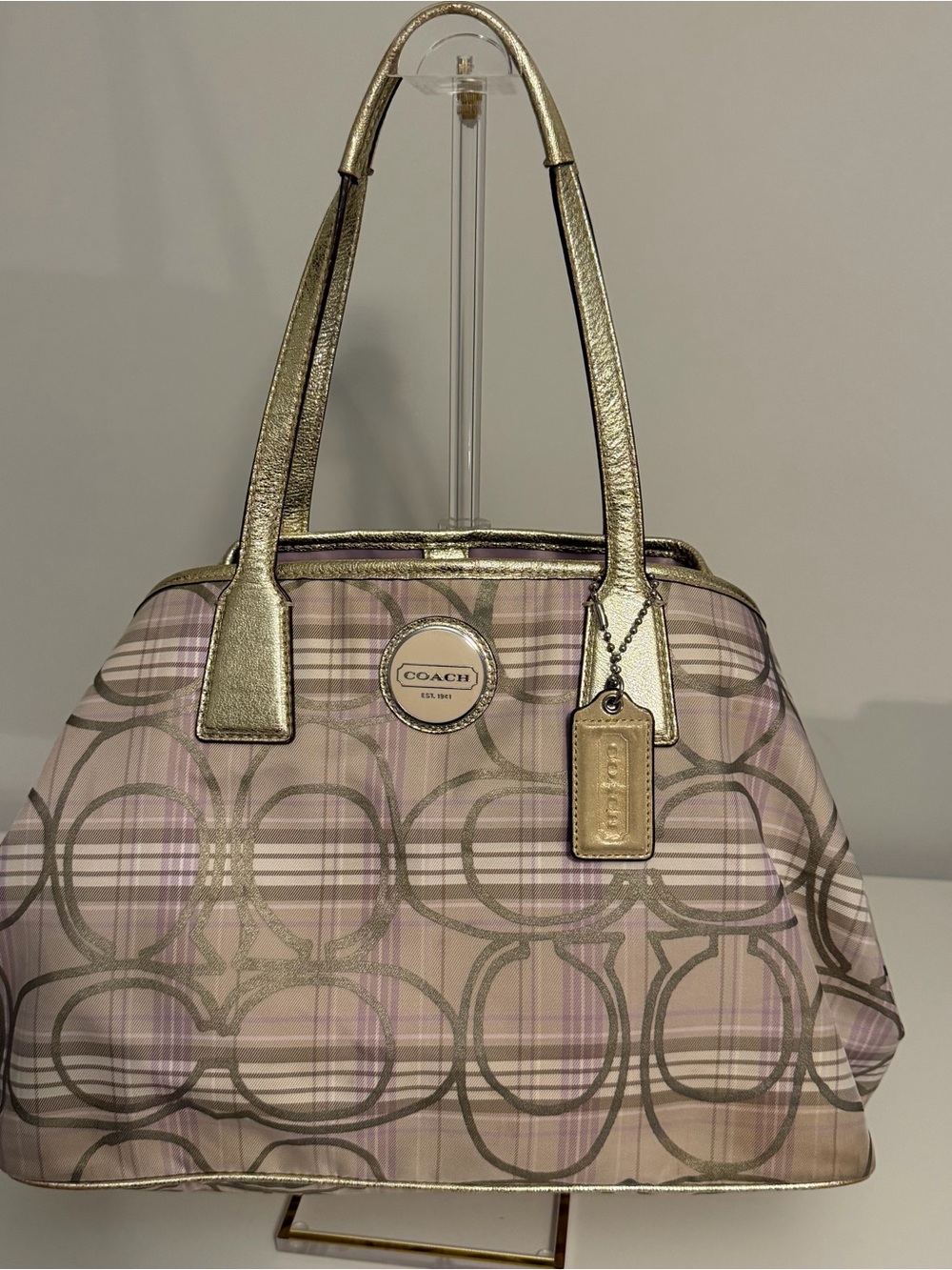 Coach Lavender Tartan Plaid Kisslock Carryall Bag